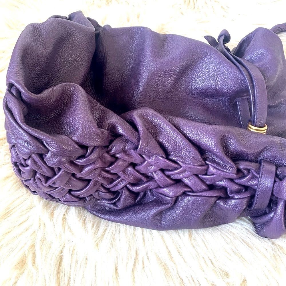 Elliott Lucca Purple Reign Slouchy Leather Round Bottom Bucket Bag Woven Details - Picture 2 of 10